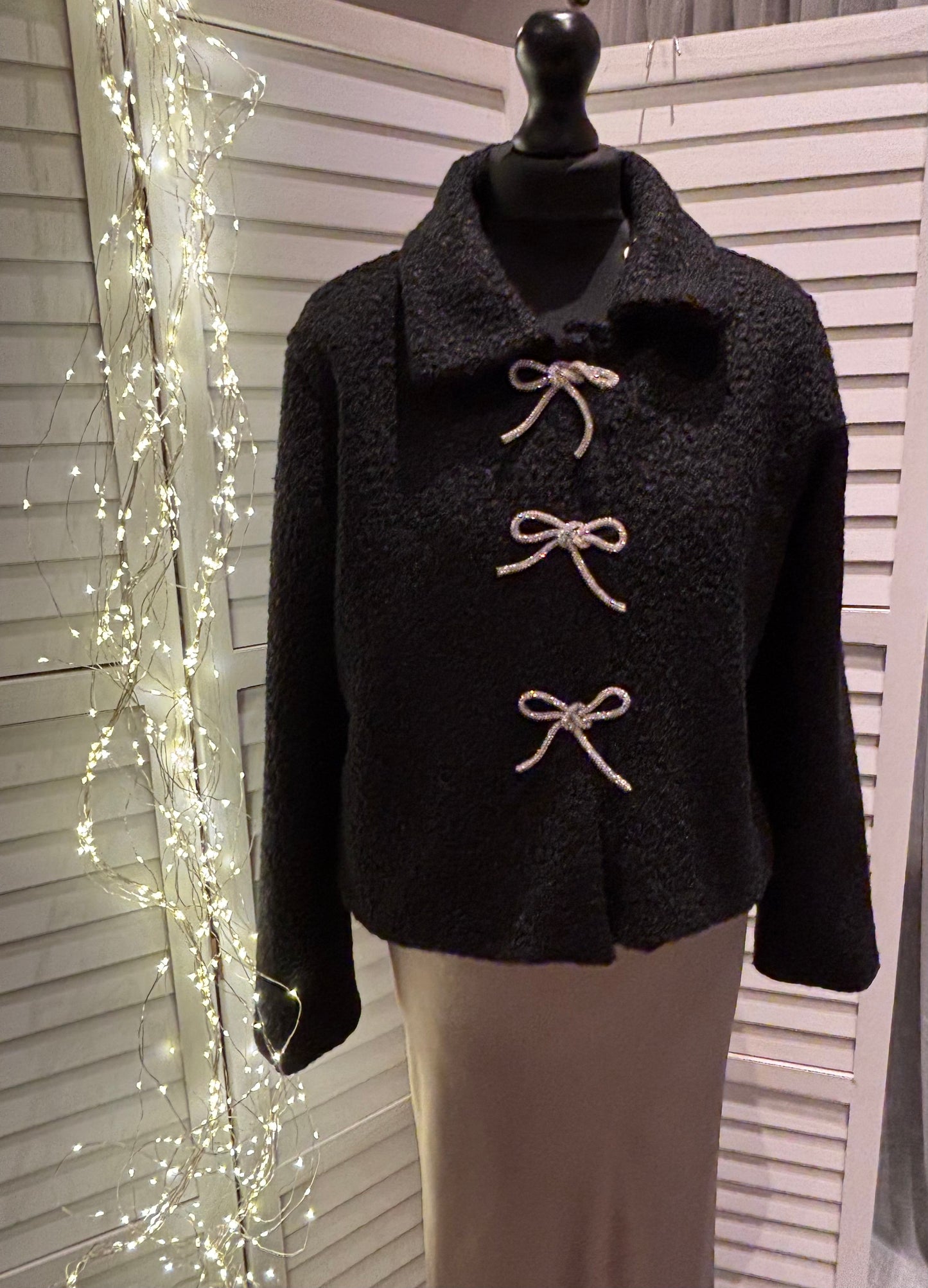Black Diamante Bow Boucle Jacket