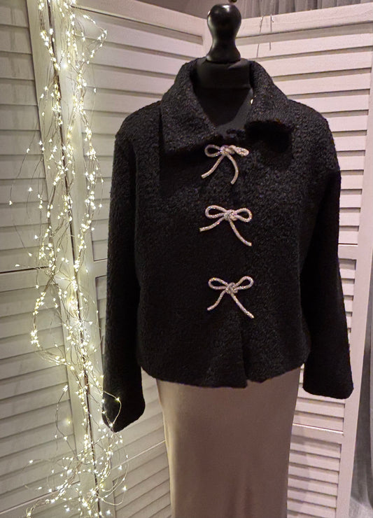 Black Diamante Bow Boucle Jacket