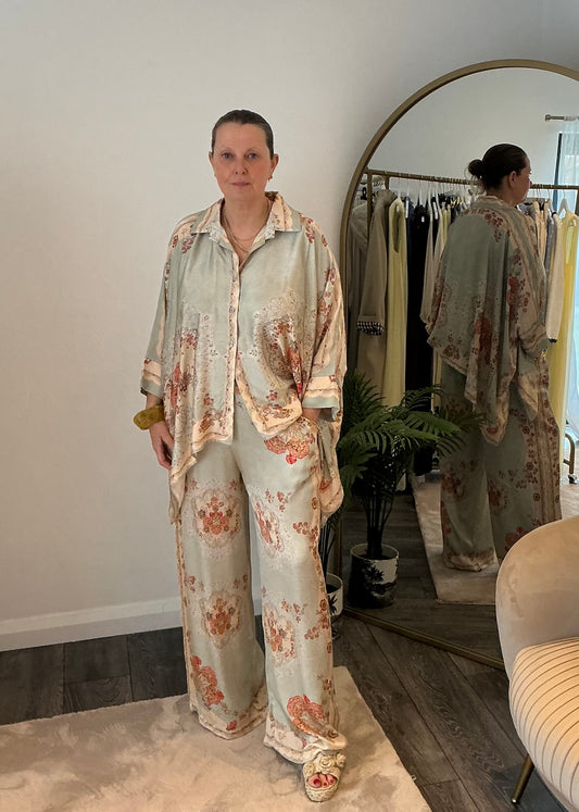 Pale Green Oriental Print Silk Mix Coord