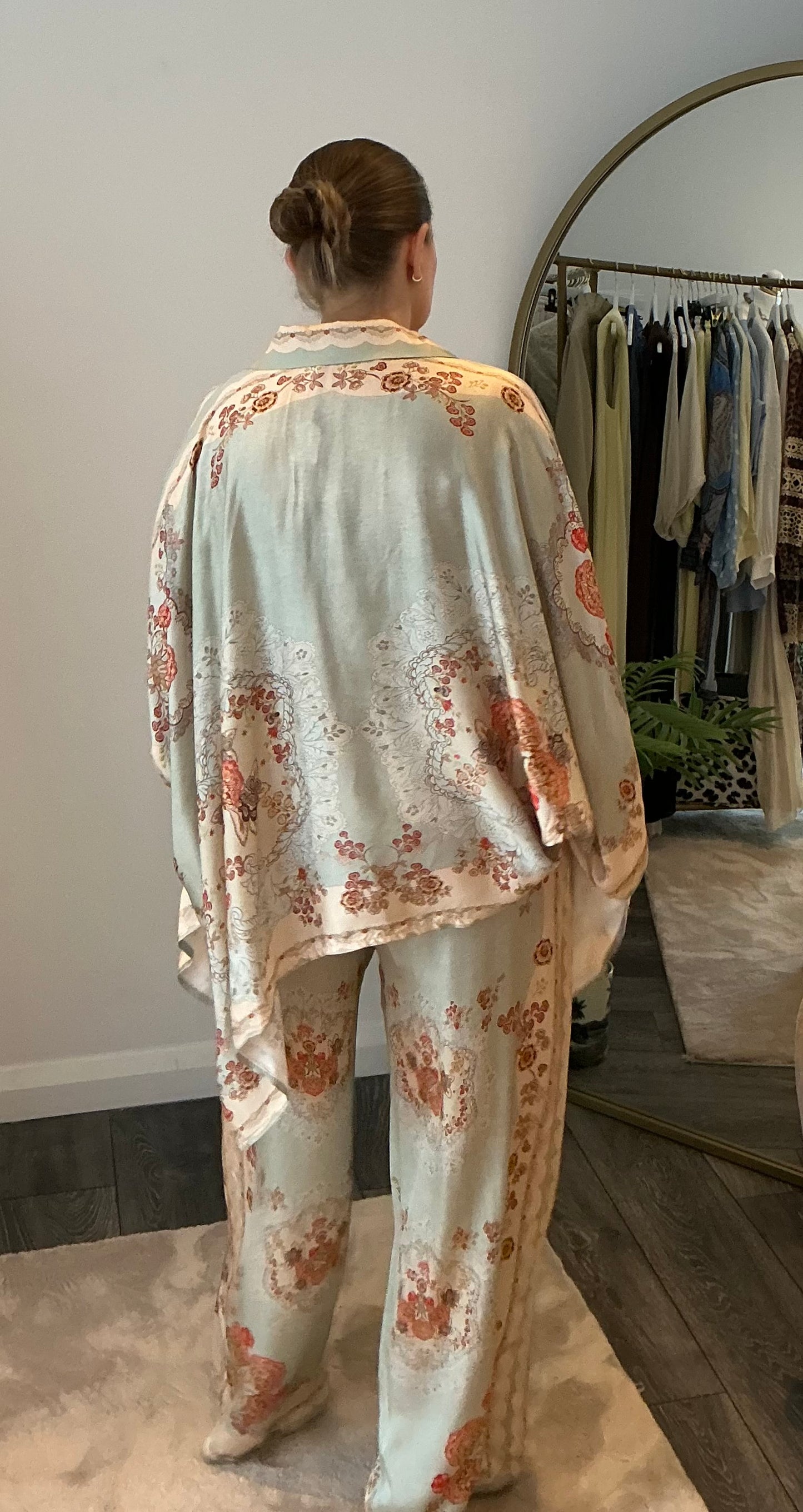 Pale Green Oriental Print Silk Mix Coord