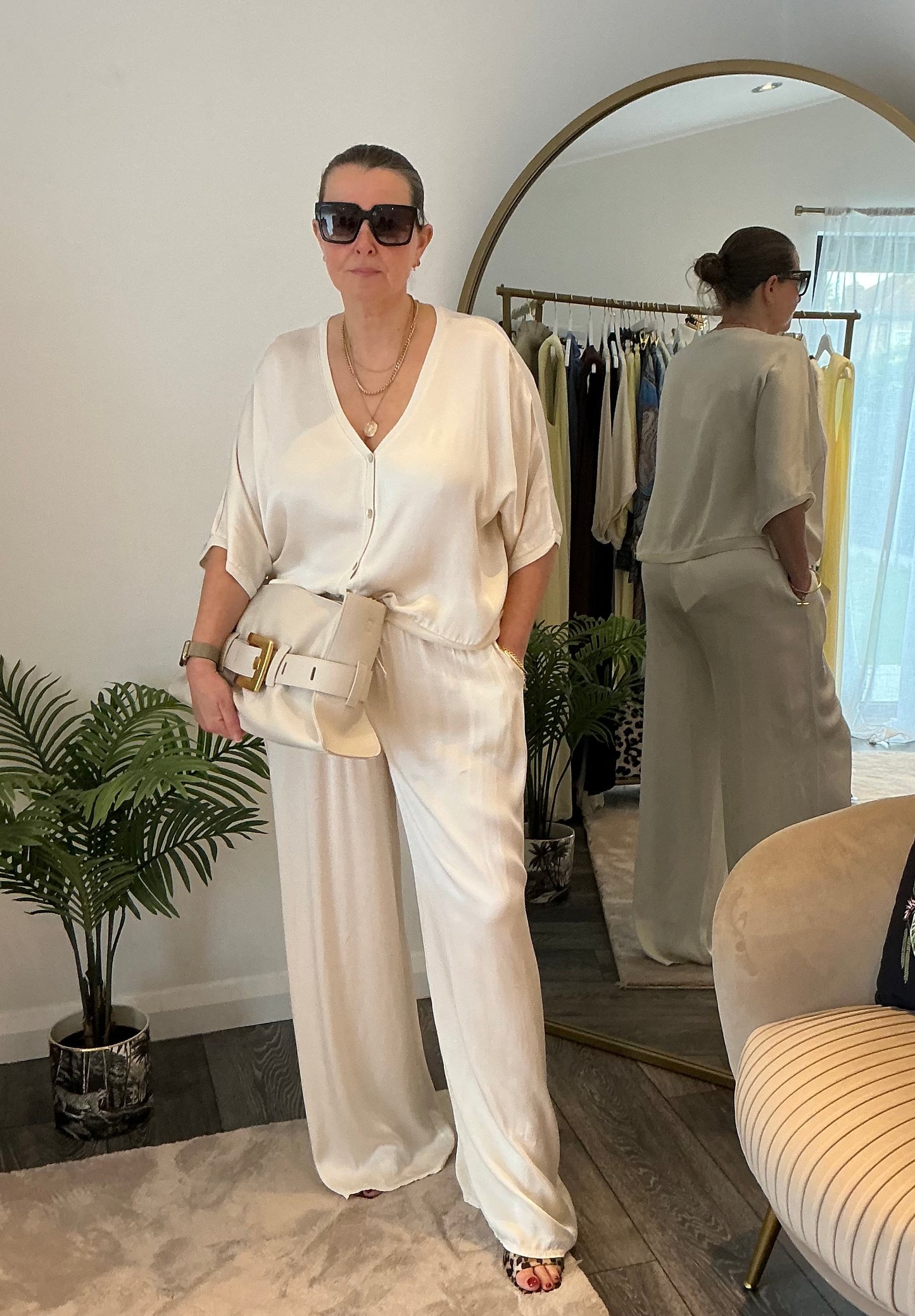 Cream Satin Top & Trouser Coord