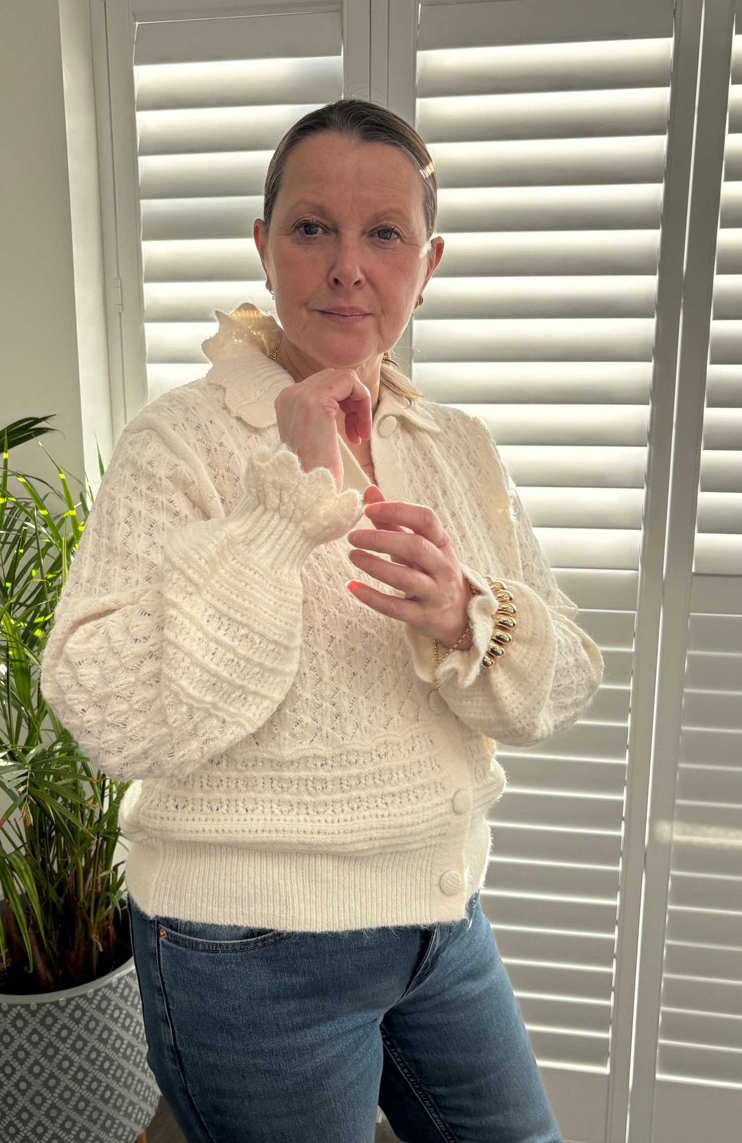 Cream “Polly” Pointelle Knit Cardigan