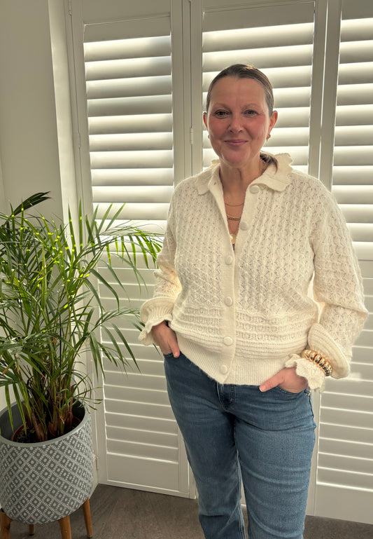 Cream “Polly” Pointelle Knit Cardigan