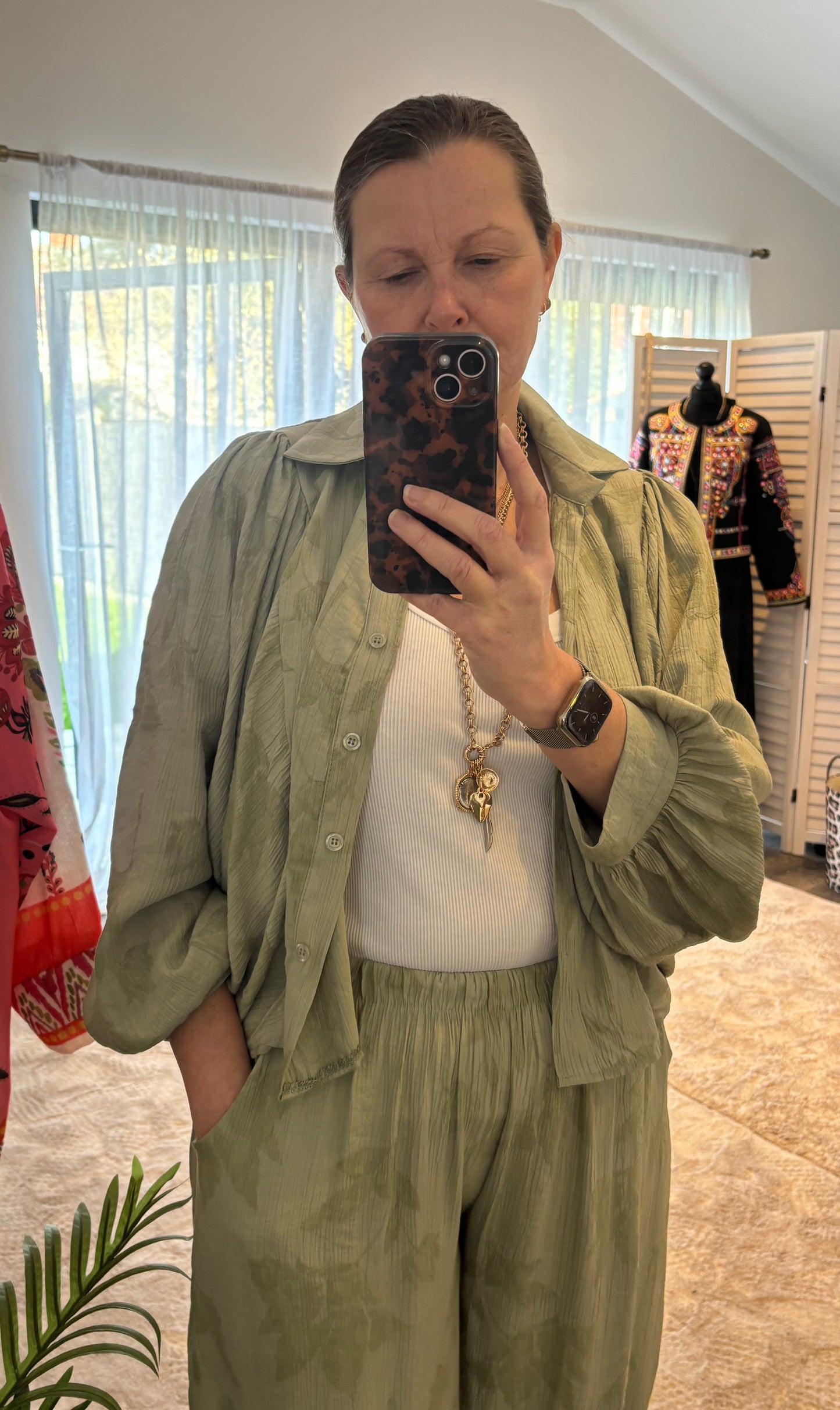 Khaki “Florrie”  Balloon Trouser & Shirt Coord