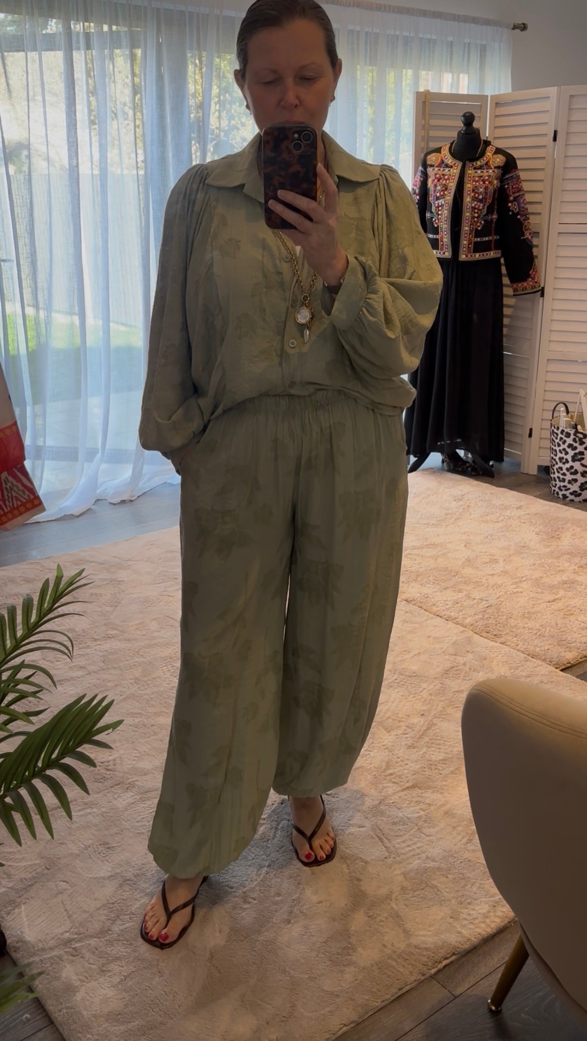 Khaki “Florrie”  Balloon Trouser & Shirt Coord