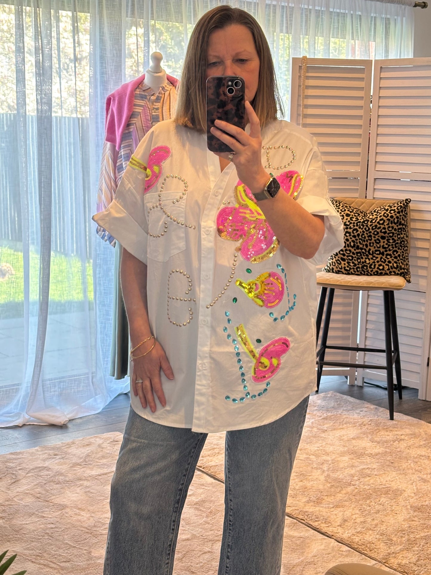 White Flower Embellished Shirt