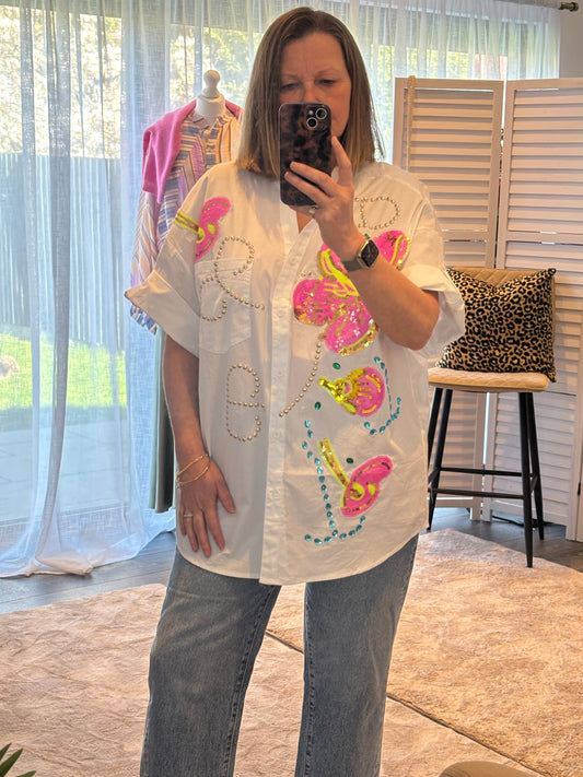 White Flower Embellished Shirt