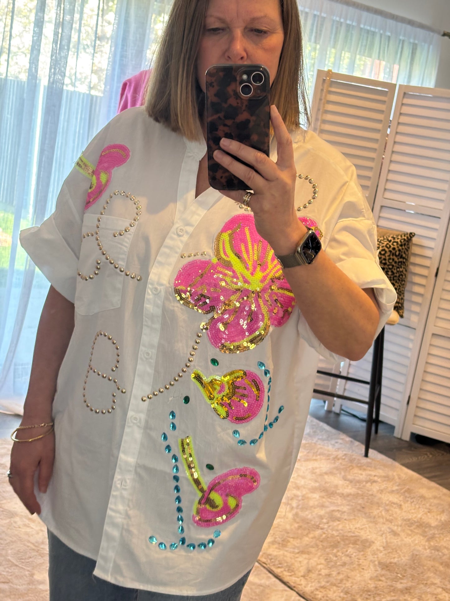 White Flower Embellished Shirt