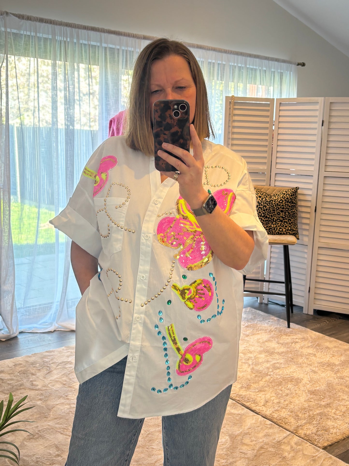 White Flower Embellished Shirt