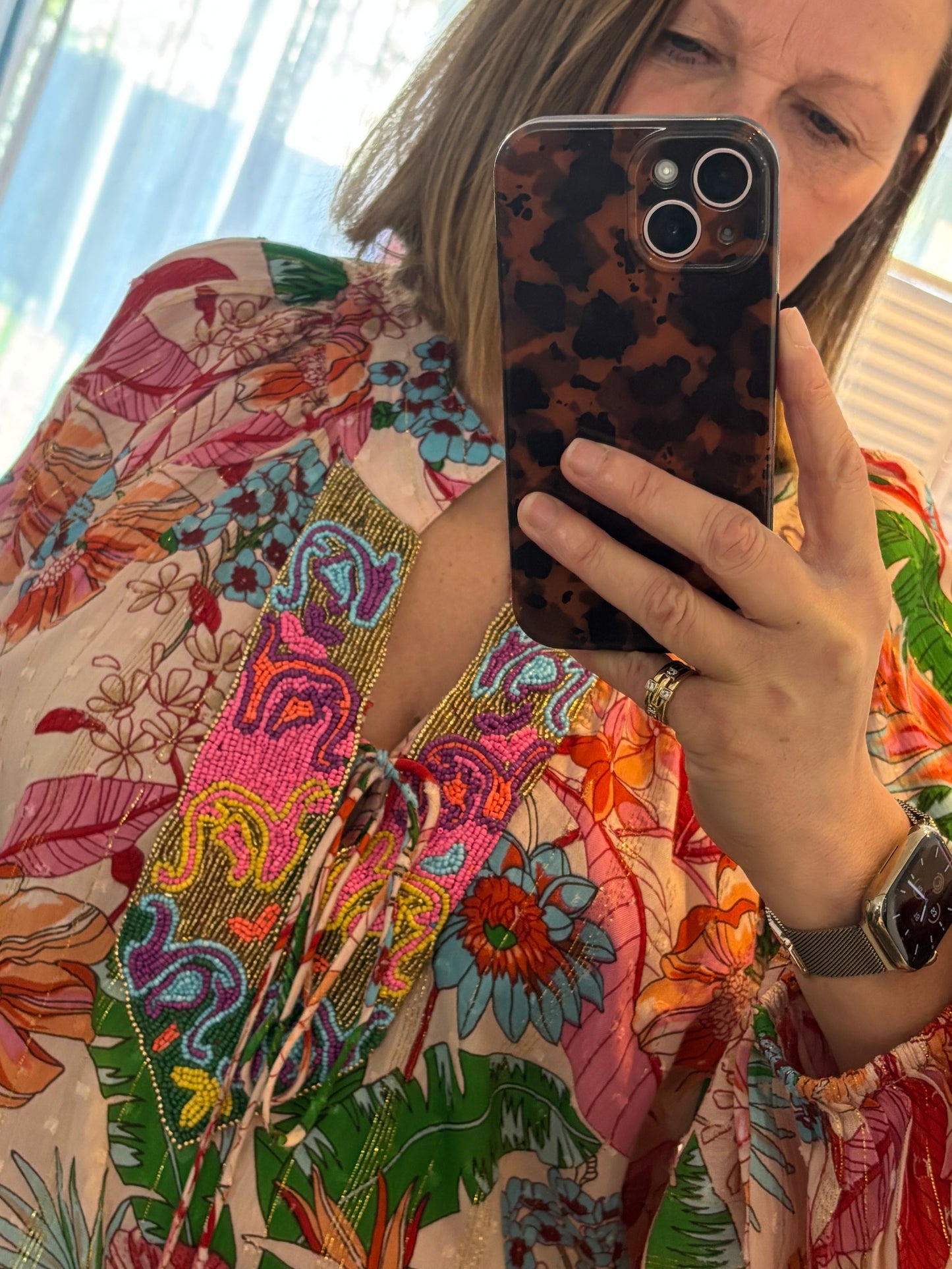 Green Tropical Beaded Print Tunic