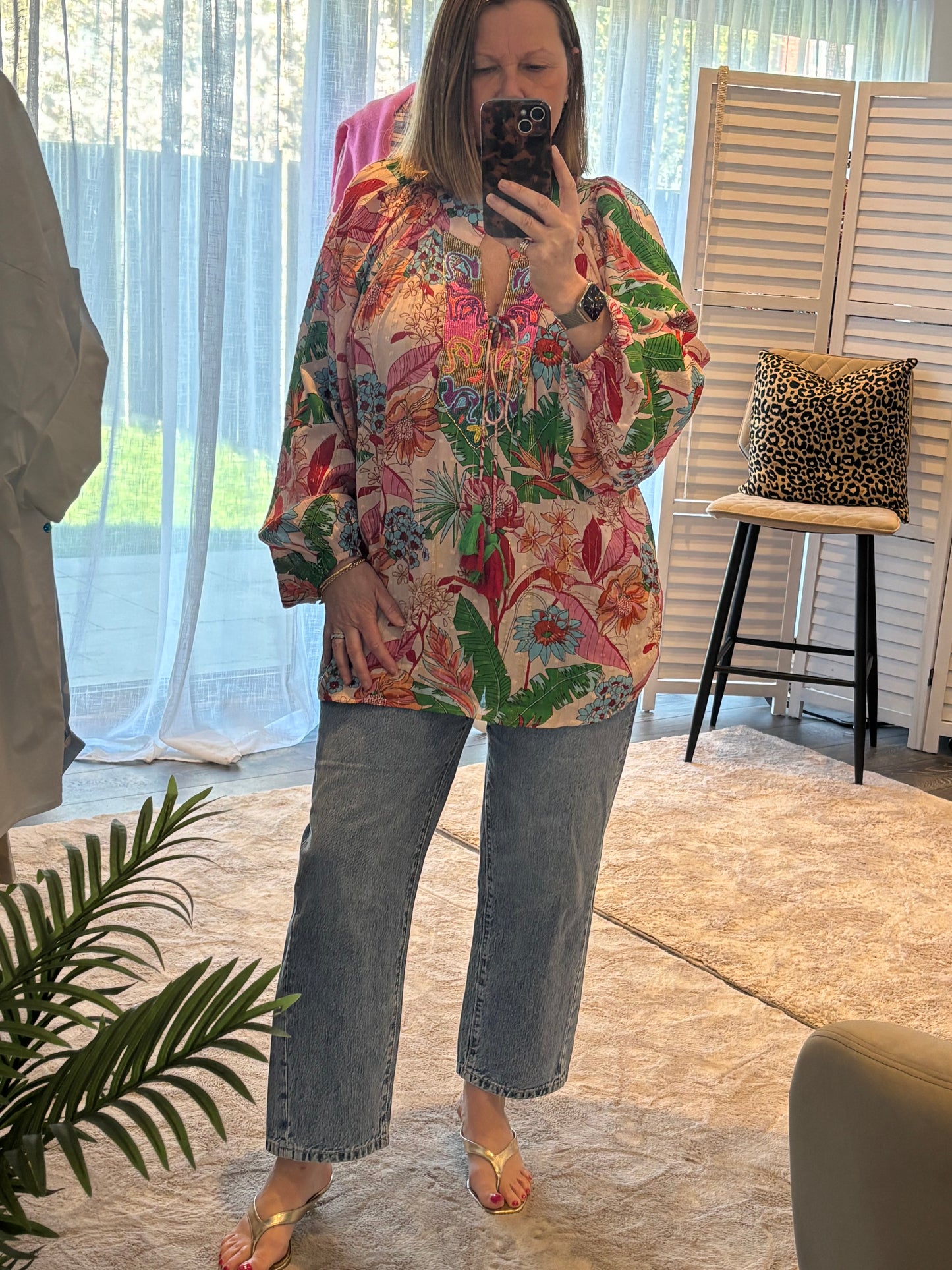 Green Tropical Beaded Print Tunic