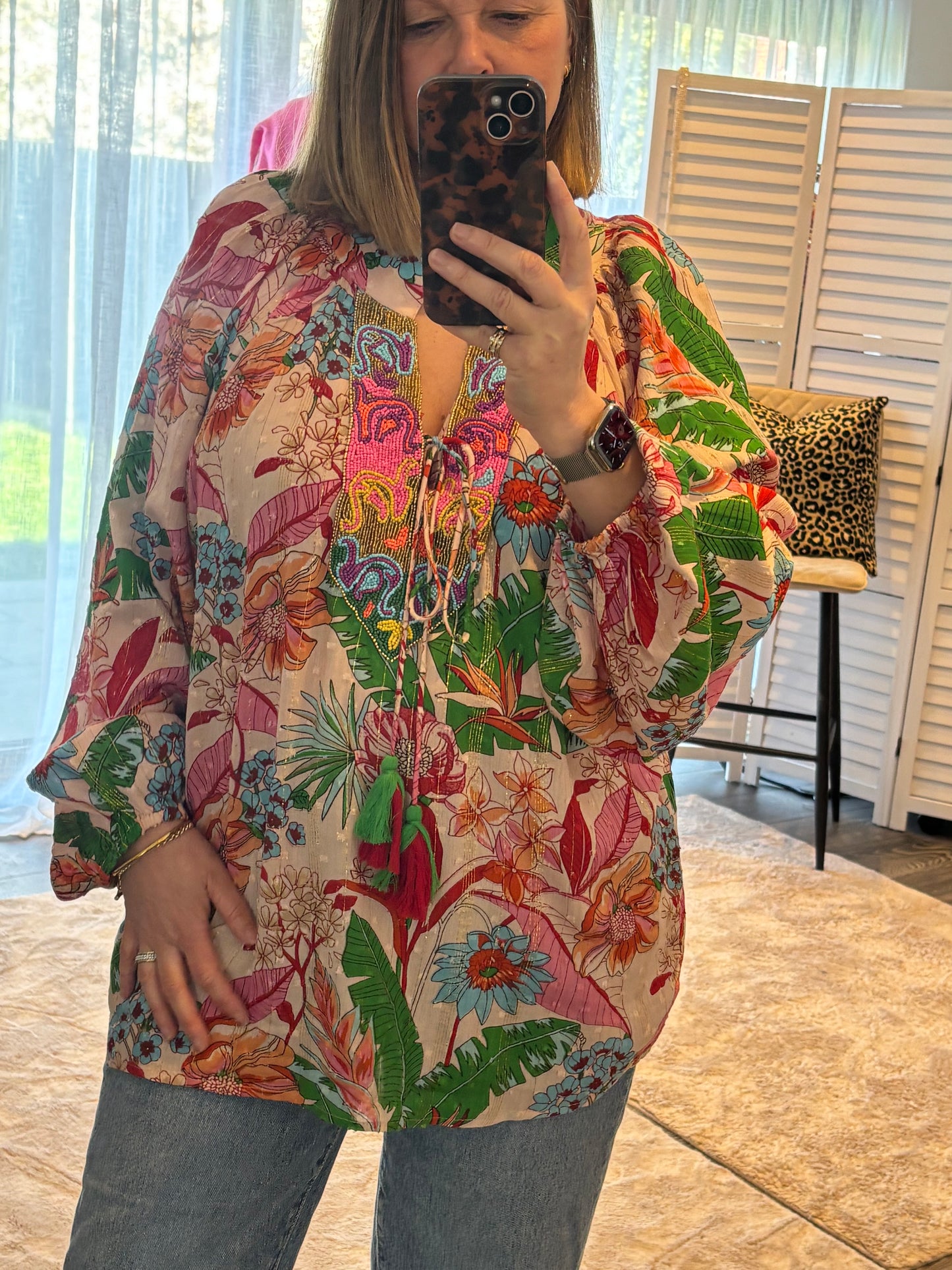 Green Tropical Beaded Print Tunic