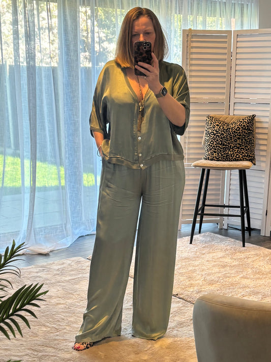 Khaki Satin Jacket & Trouser Coord