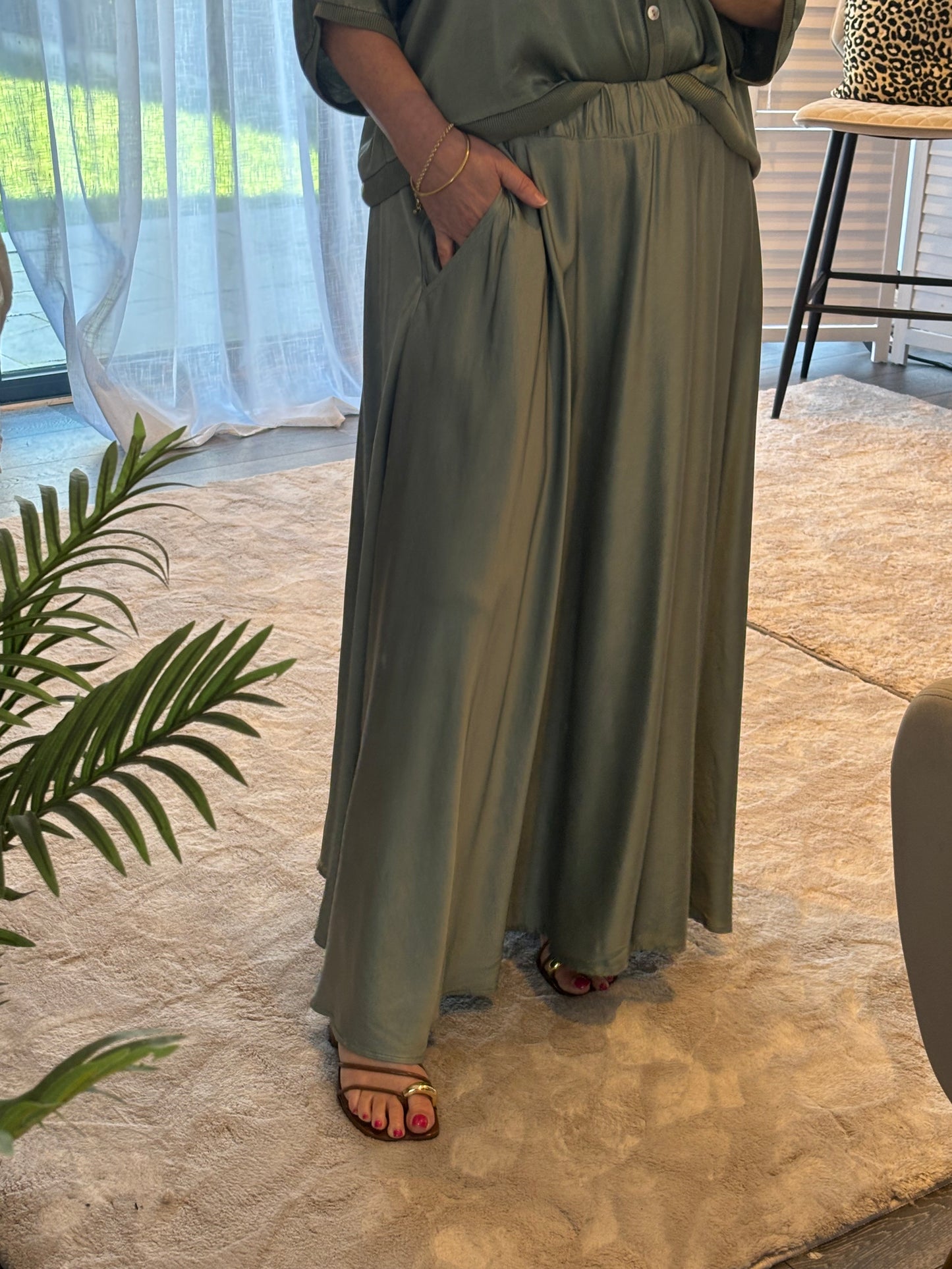 Khaki “Laura” Satin Maxi Skirt