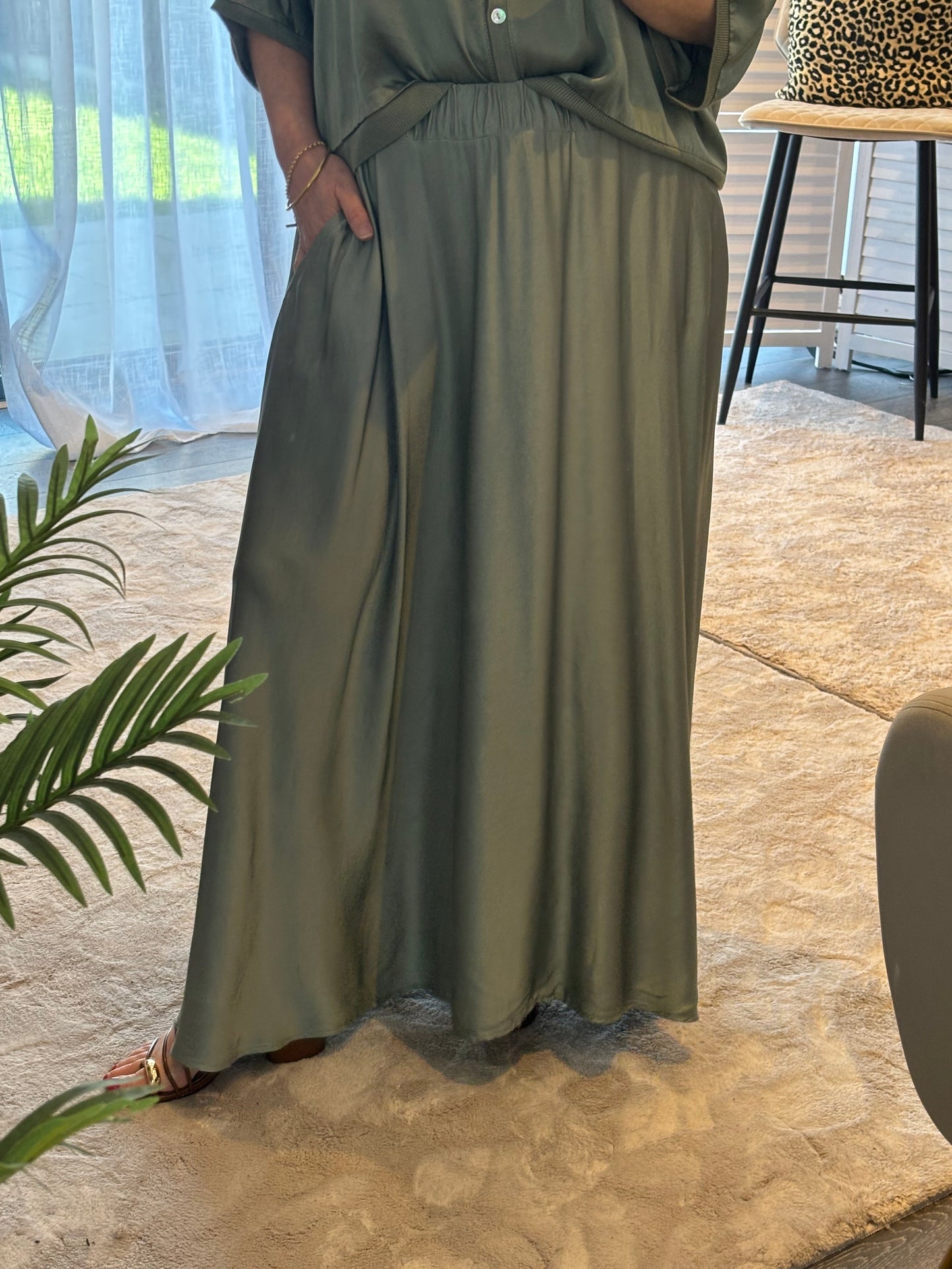 Khaki “Laura” Satin Maxi Skirt