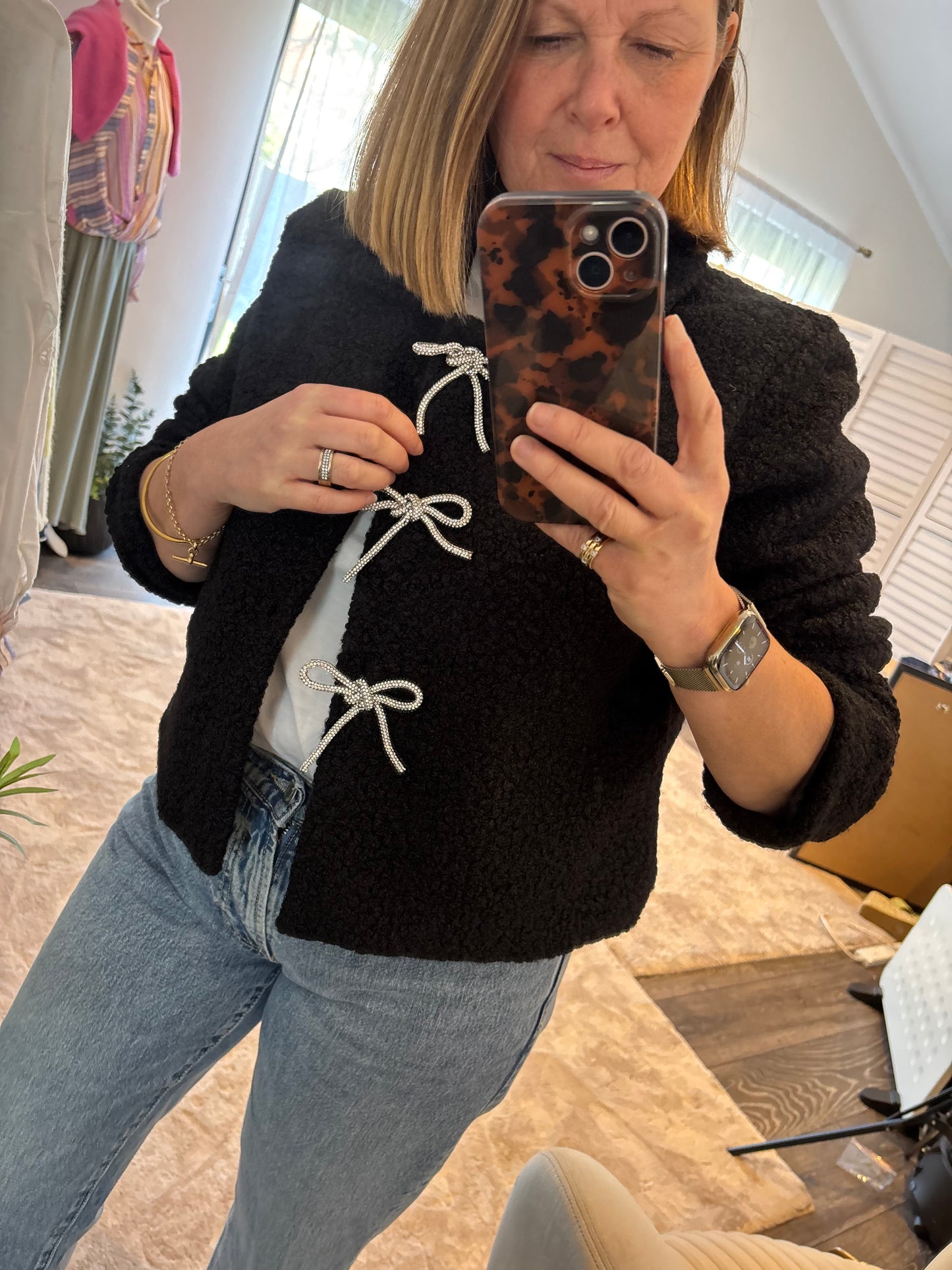 Black Diamante Bow Boucle Jacket