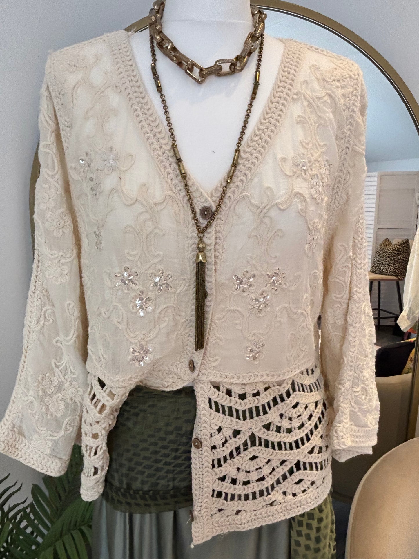 Cream Embroidered & Crochet Blouse