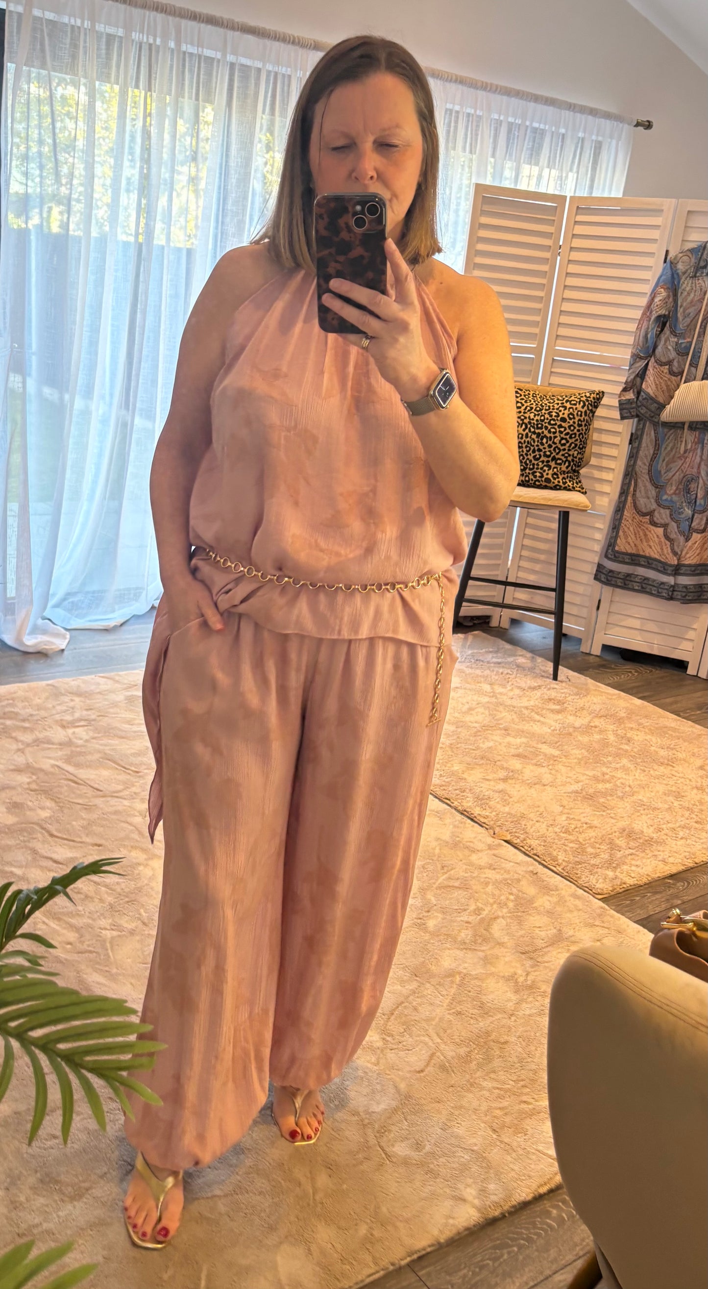 Pink “Whitney” Assymetric Top & Trouser Coord