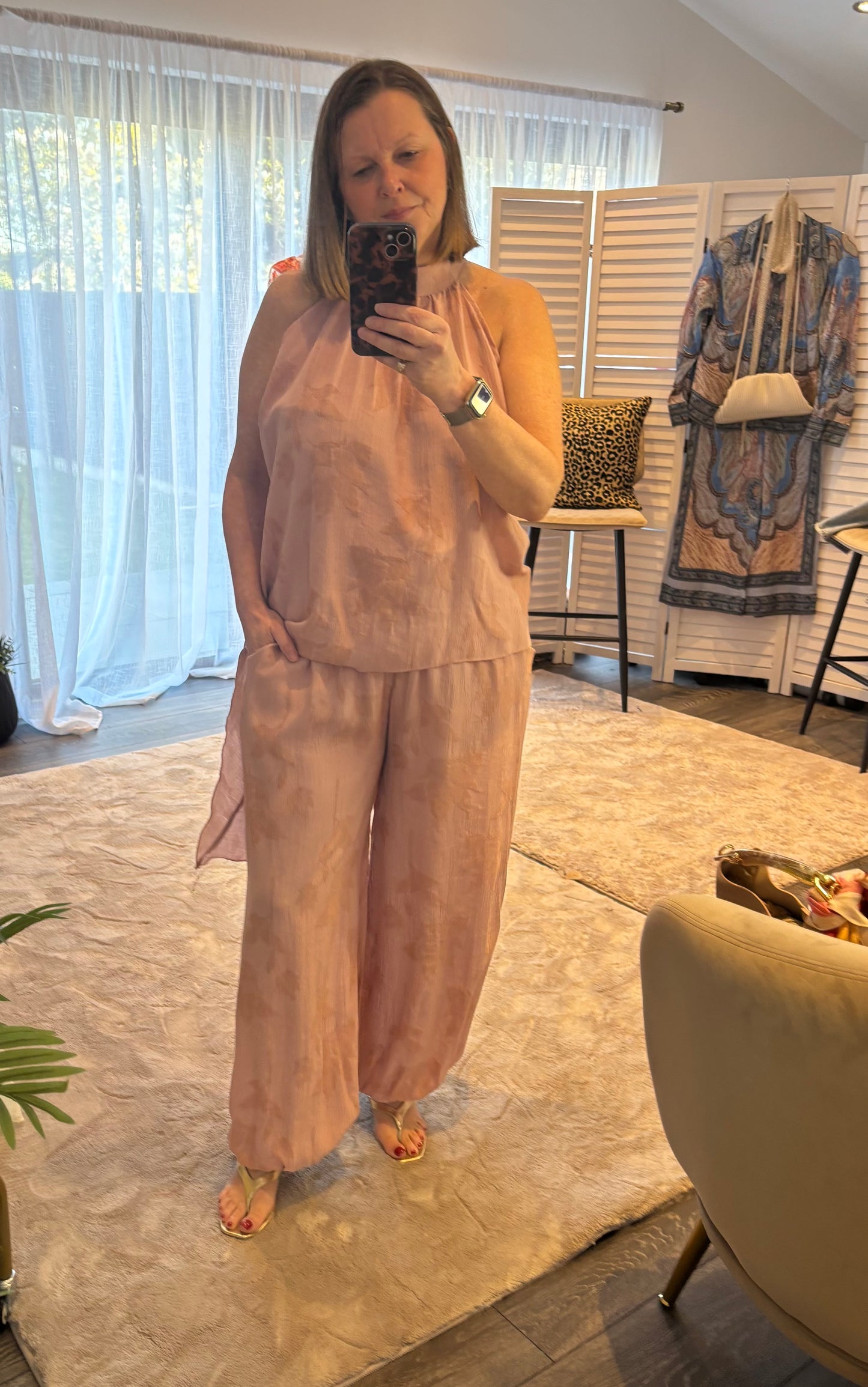 Pink “Whitney” Assymetric Top & Trouser Coord